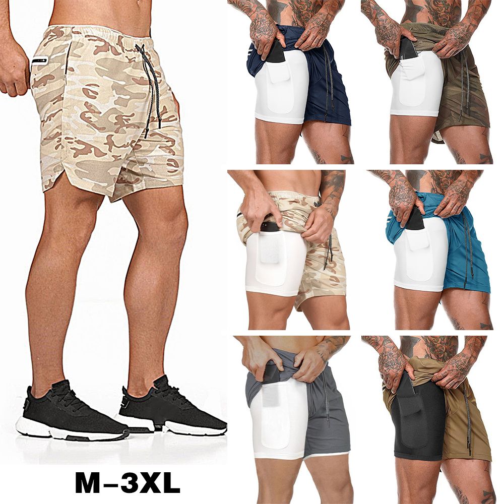 Men 2-in-1 Workout Running Shorts Sport Hip Fitness-LB