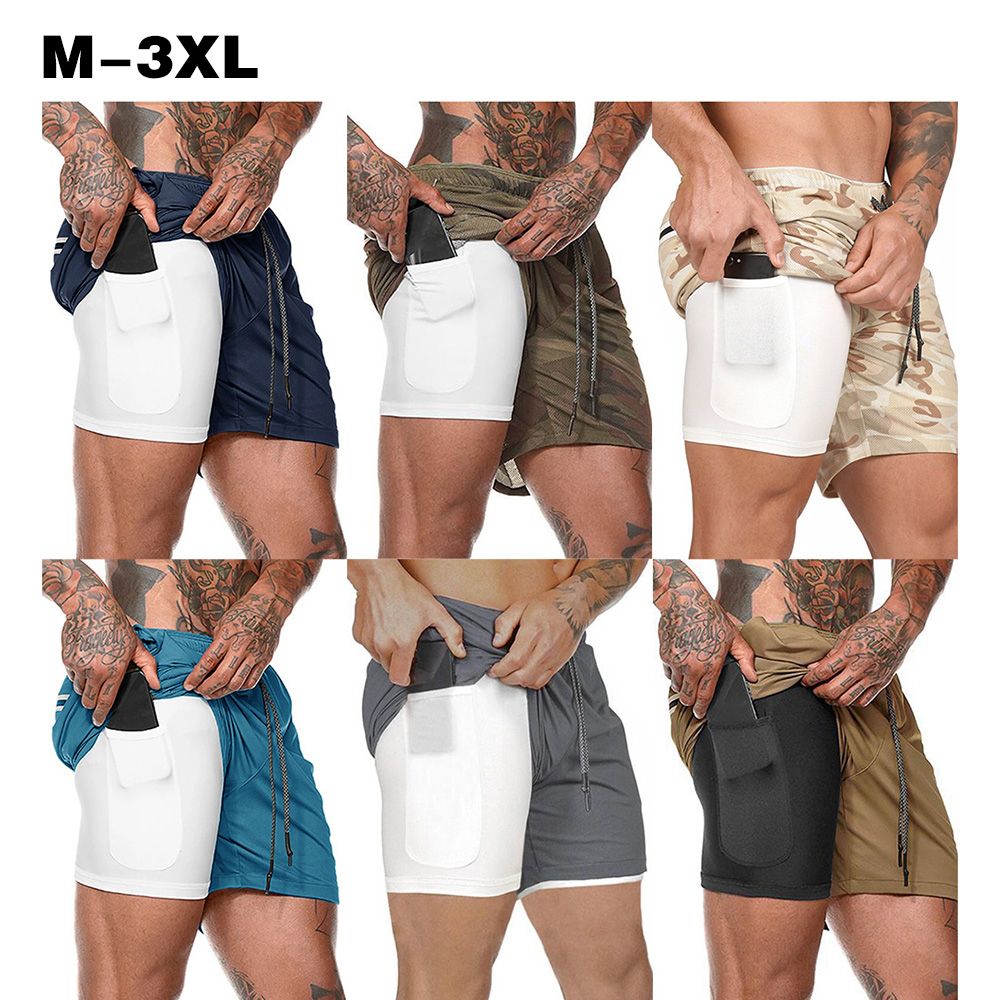 Men 2-in-1 Workout Running Shorts Sport Hip Fitness-LB