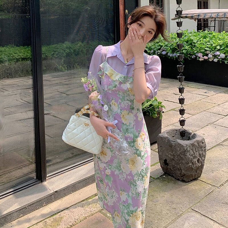 Broken Flower Sling Dress Summer New Purple French Lotus