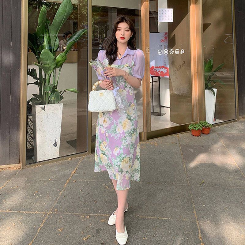 Broken Flower Sling Dress Summer New Purple French Lotus