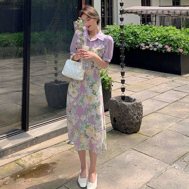 Broken Flower Sling Dress Summer New Purple French Lotus