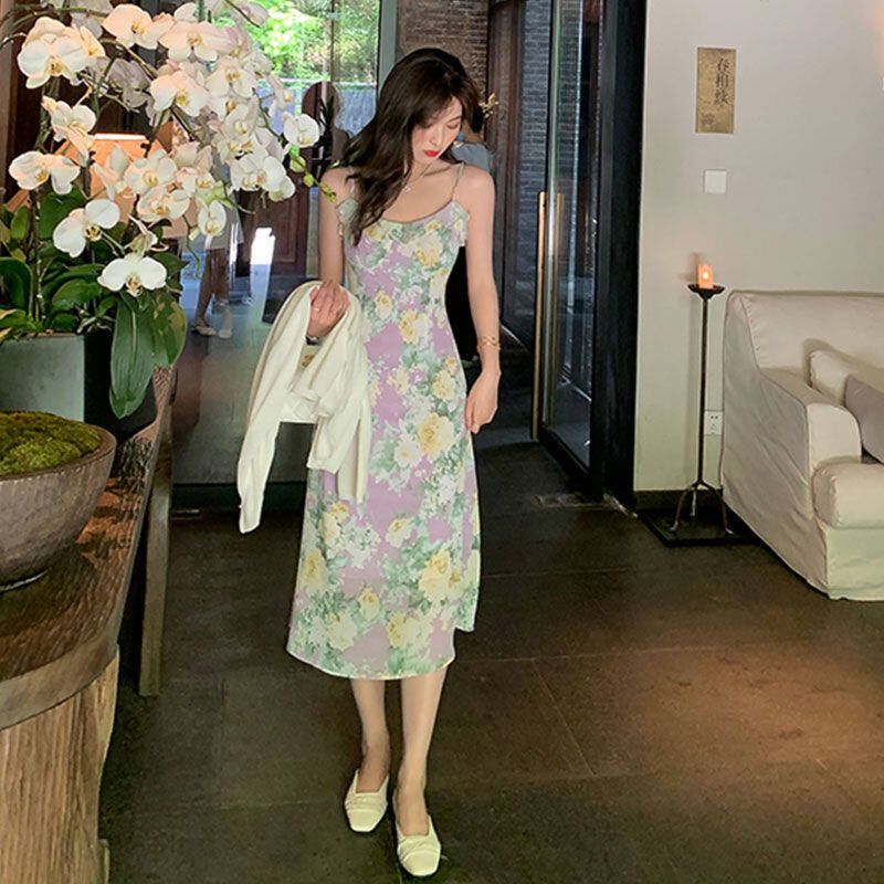 Broken Flower Sling Dress Summer New Purple French Lotus