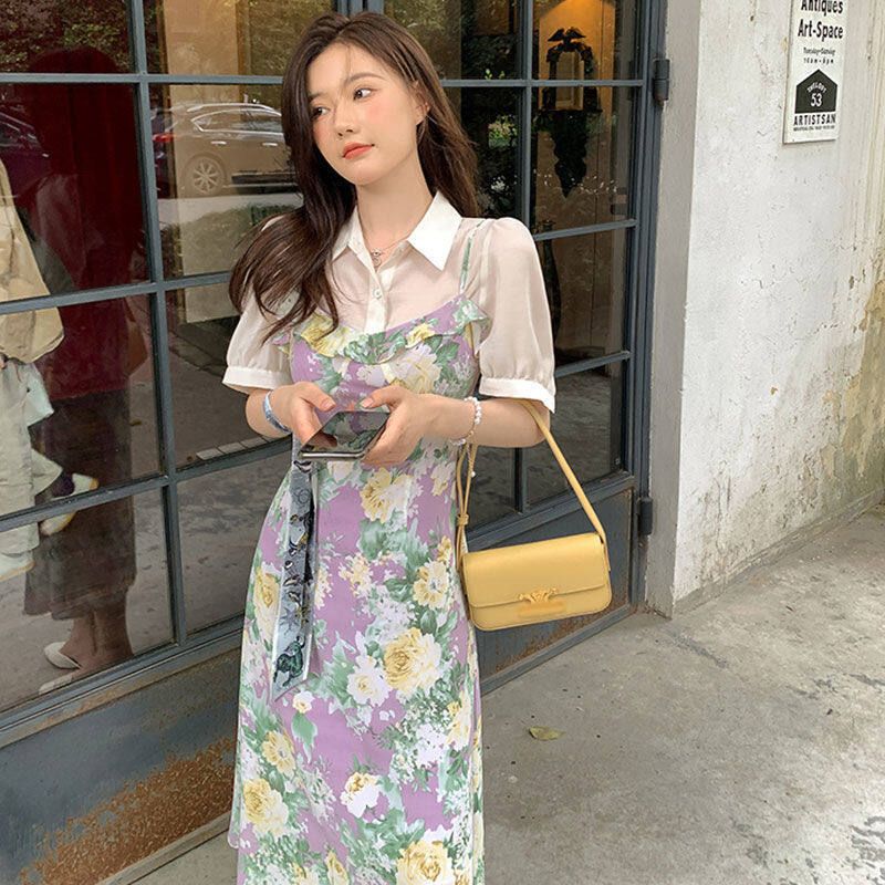 Broken Flower Sling Dress Summer New Purple French Lotus