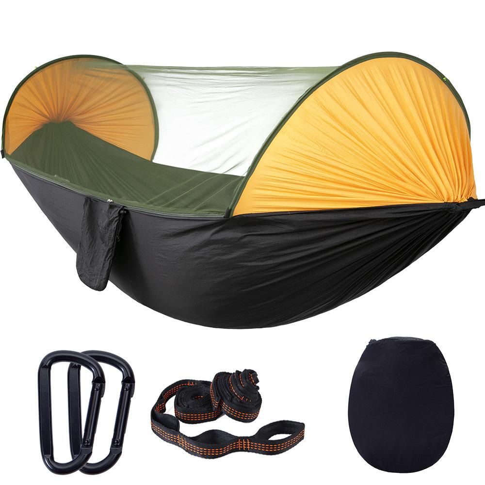 Factory direct sales high matching models automatic quick opening mosquito net hammock outdoor double camping parachute cloth nylon hammock Golden and black with 3 meters 11 ring tree belt