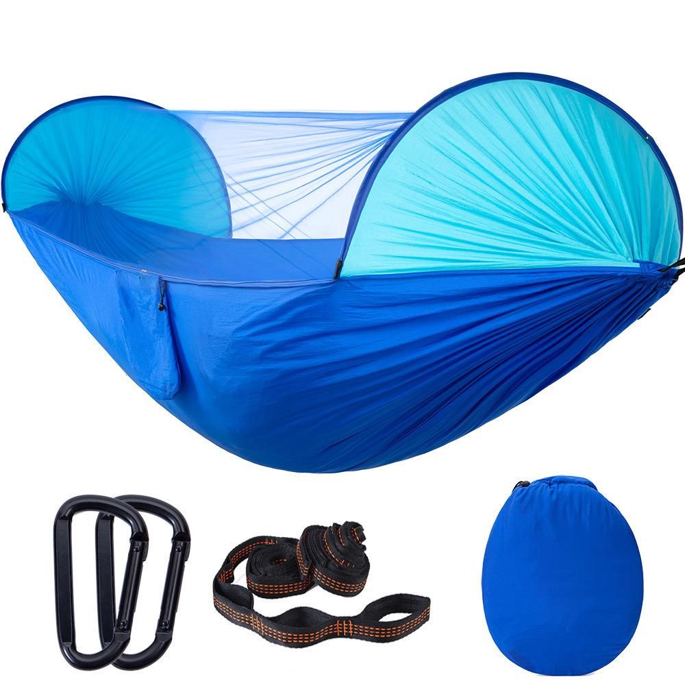 Factory direct sales high matching models automatic quick opening mosquito net hammock outdoor double camping parachute cloth nylon hammock Golden and black with 3 meters 11 ring tree belt