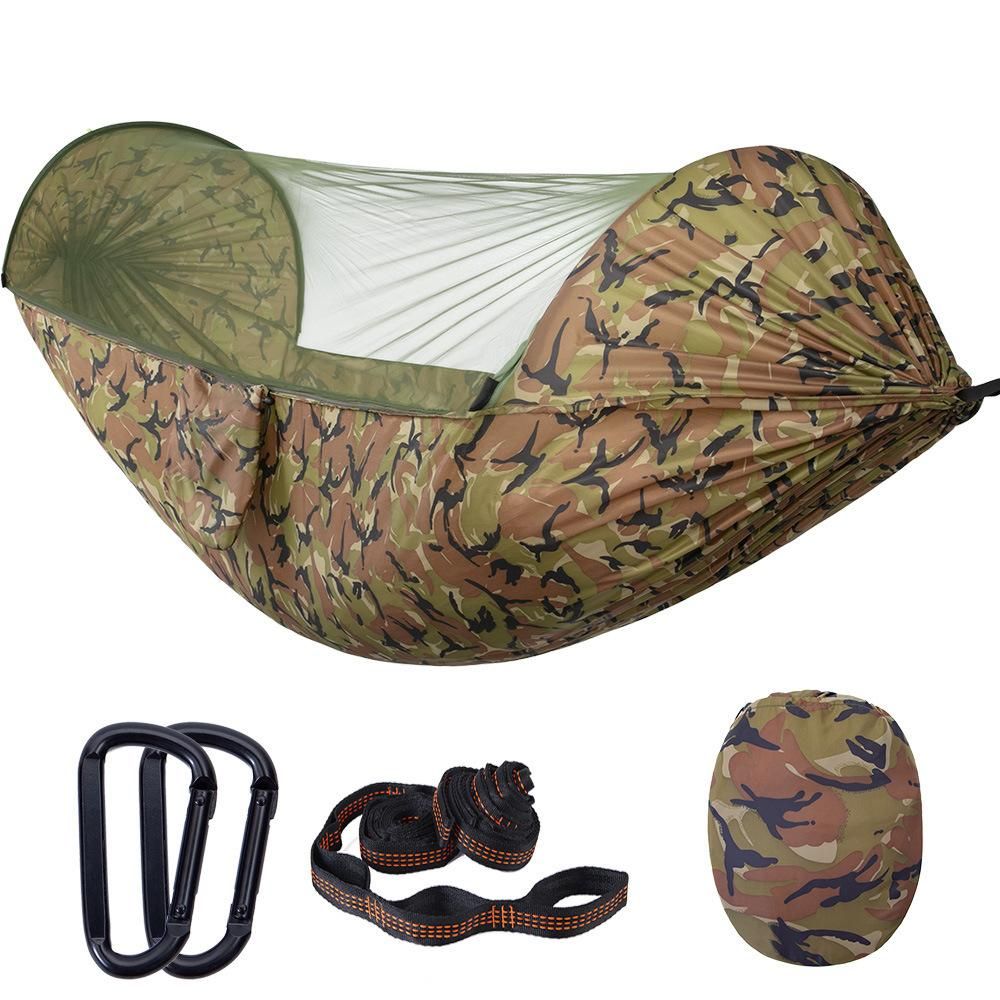 Factory direct sales high matching models automatic quick opening mosquito net hammock outdoor double camping parachute cloth nylon hammock Golden and black with 3 meters 11 ring tree belt