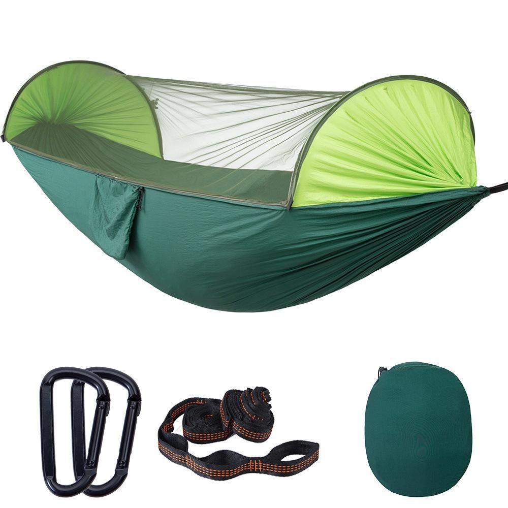 Factory direct sales high matching models automatic quick opening mosquito net hammock outdoor double camping parachute cloth nylon hammock Golden and black with 3 meters 11 ring tree belt