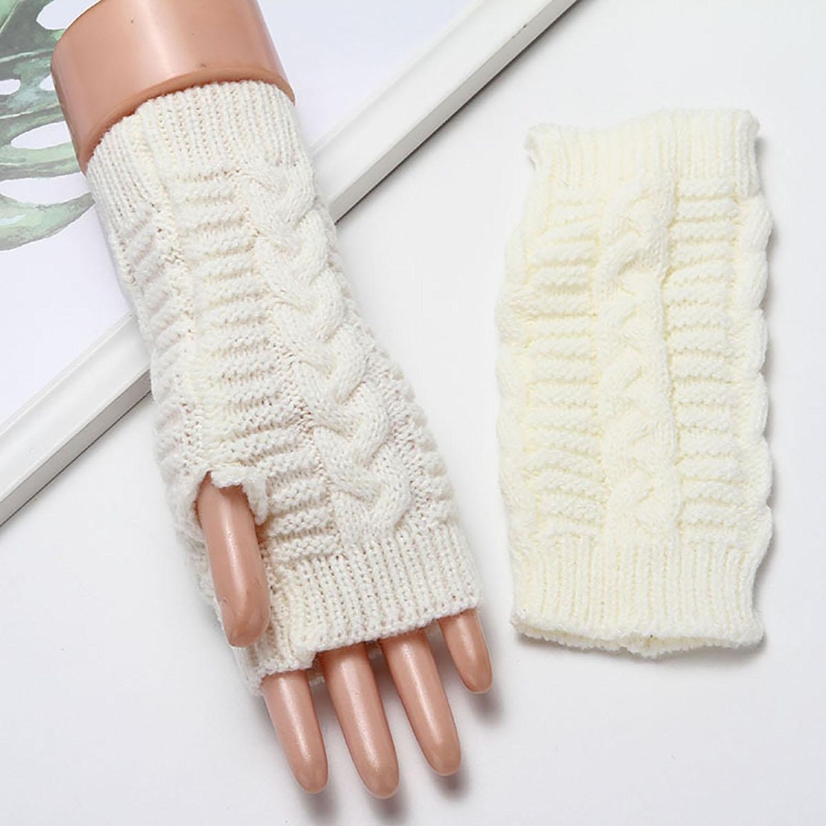 1 Pair Knitted Mittens Unisex Winter Fingerless White
