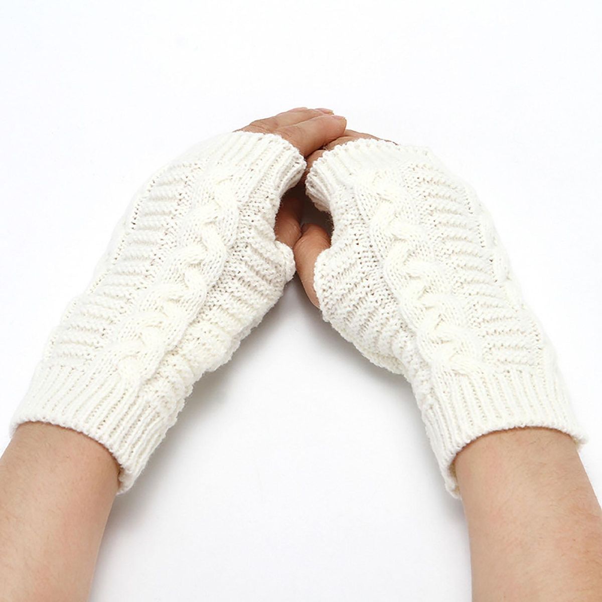 1 Pair Knitted Mittens Unisex Winter Fingerless White