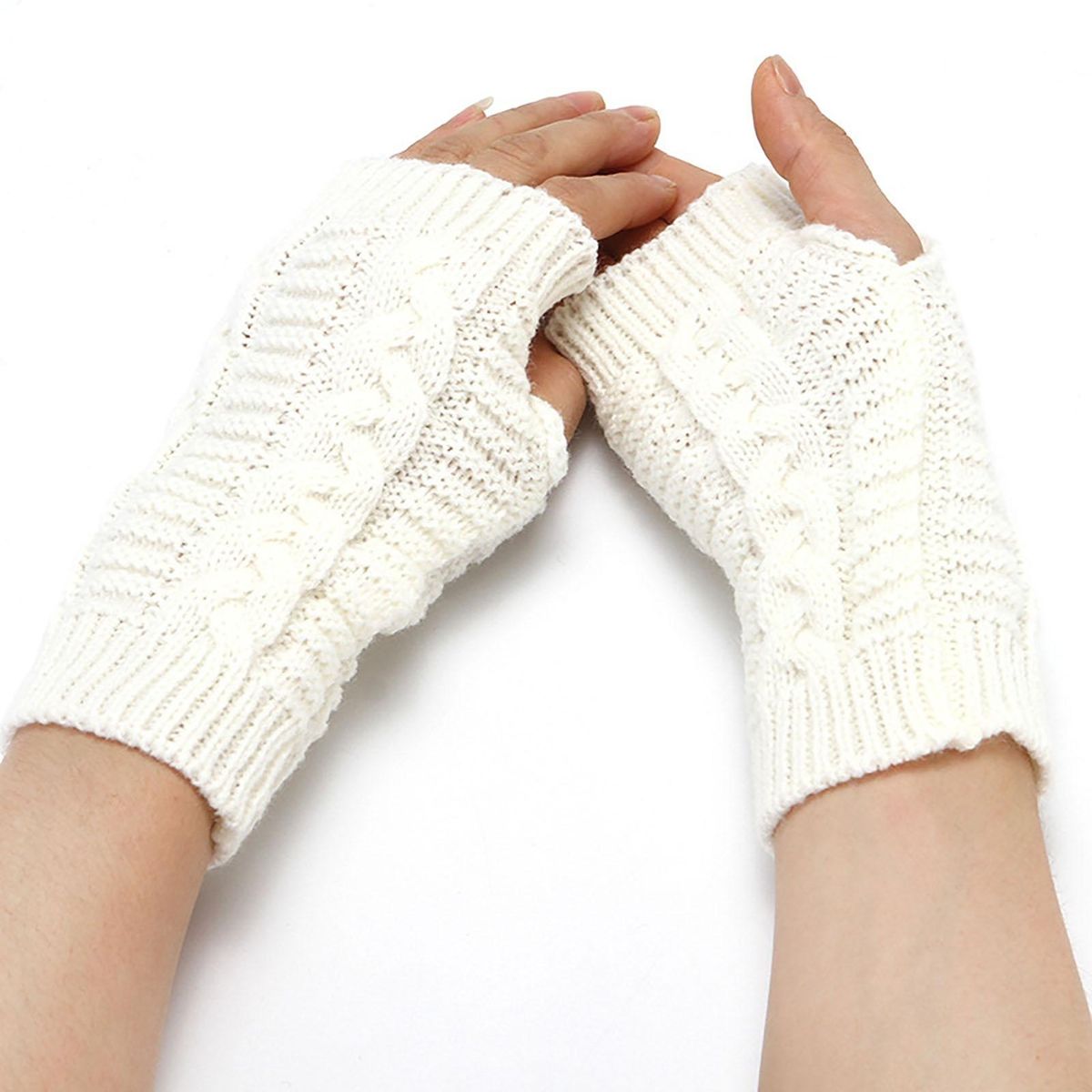 1 Pair Knitted Mittens Unisex Winter Fingerless White