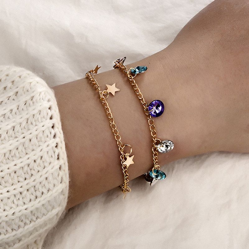 2Pcs/Set Boho Women Star Colorful Rhinestone Charm-Golden