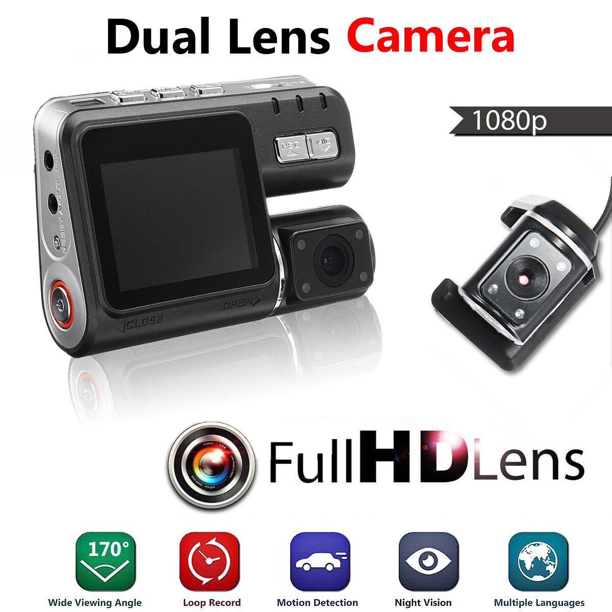 Dual Lens Car DVR Dashcam Rear View Camera Car On-Dash Video Night Vision Video Recorder Black