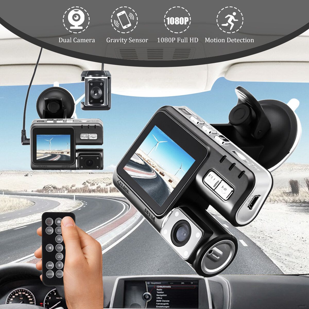 Dual Lens Car DVR Dashcam Rear View Camera Car On-Dash Video Night Vision Video Recorder Black