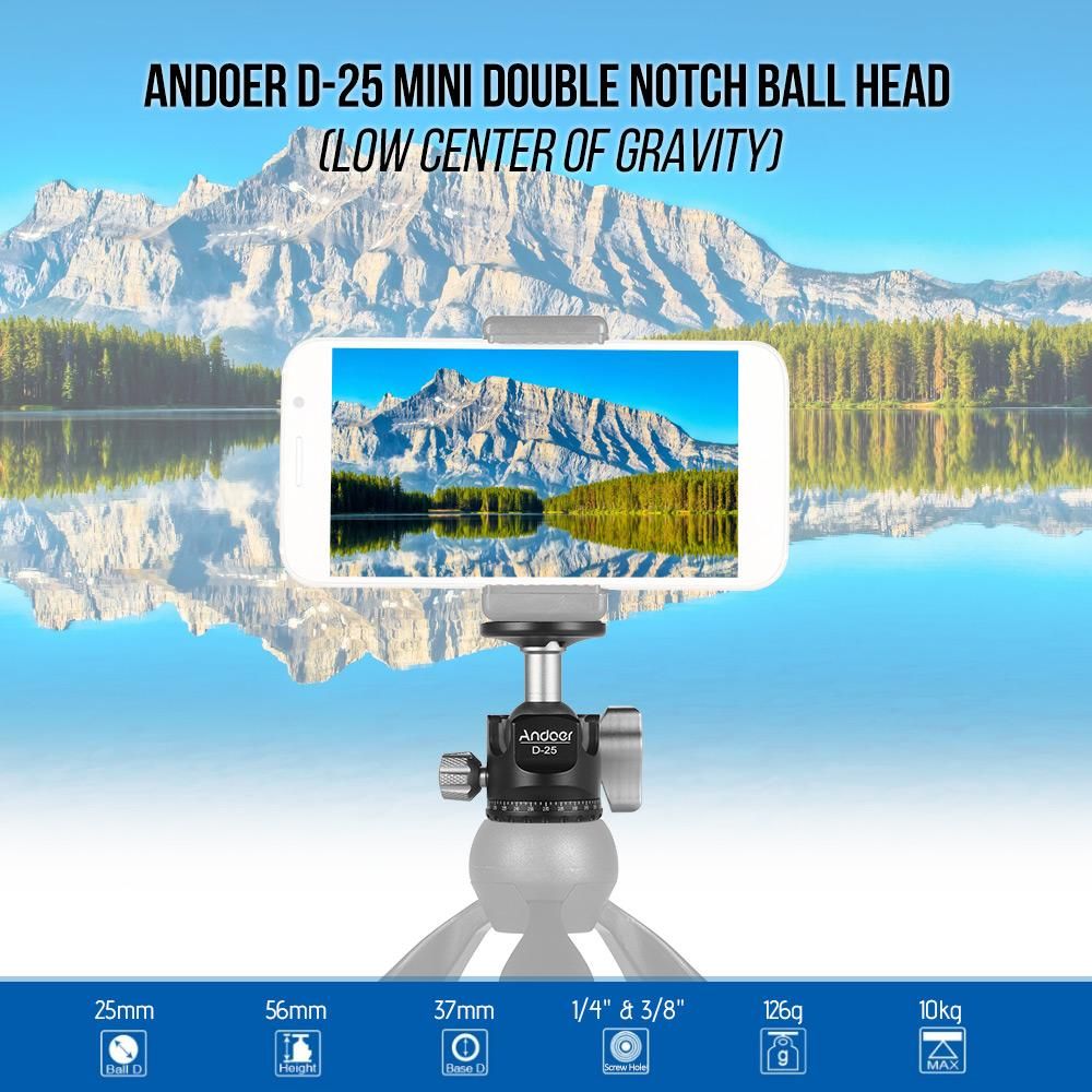 Andoer D-25 CNC Machining Aluminum Alloy Double Notch Ball Head Mini Ballhead Low Center of Gravity for Manfrotto etc Tripod Monopod for Canon Nikon Sony DSLR ILDC Cameras Max Load Capacity 10kg