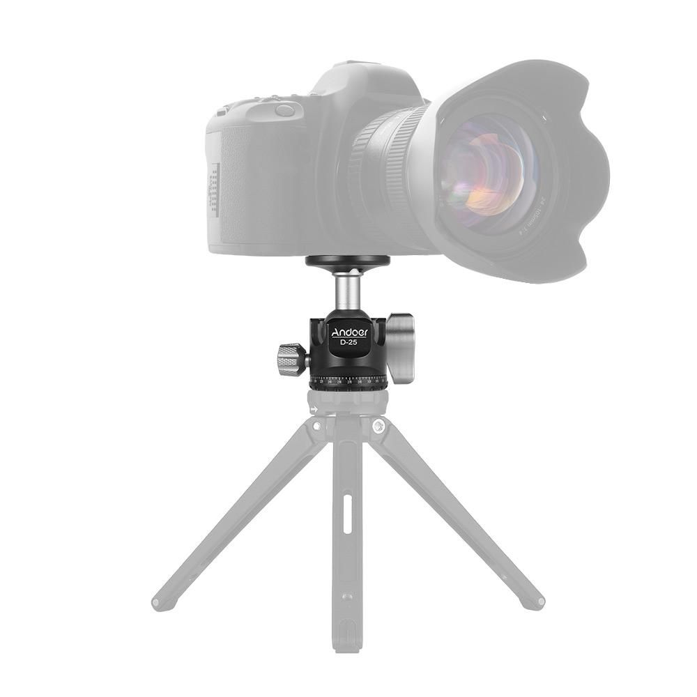 Andoer D-25 CNC Machining Aluminum Alloy Double Notch Ball Head Mini Ballhead Low Center of Gravity for Manfrotto etc Tripod Monopod for Canon Nikon Sony DSLR ILDC Cameras Max Load Capacity 10kg