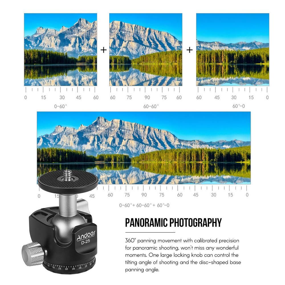Andoer D-25 CNC Machining Aluminum Alloy Double Notch Ball Head Mini Ballhead Low Center of Gravity for Manfrotto etc Tripod Monopod for Canon Nikon Sony DSLR ILDC Cameras Max Load Capacity 10kg