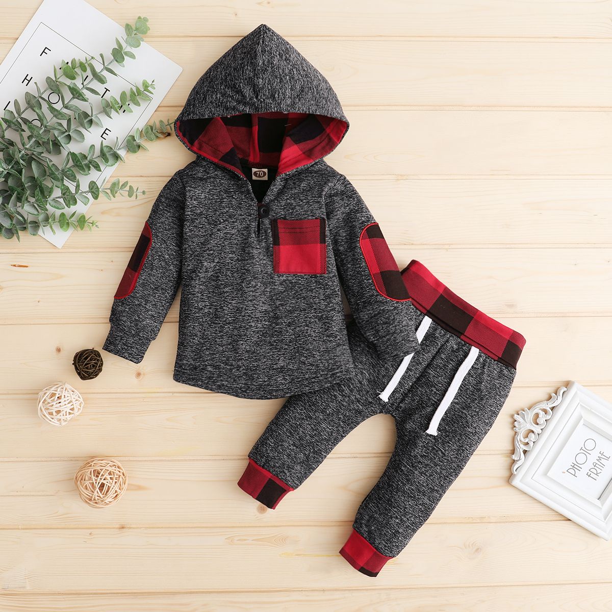 Baby Boys Autumn Winter Long Sleeve Hoodie Clothes Set -Red Plaid