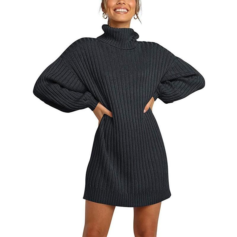 2022 Autumn and Winter New Women's High-neck Medium Length Sweater Knitwear Dress