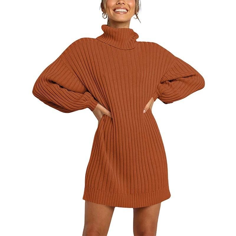 2022 Autumn and Winter New Women's High-neck Medium Length Sweater Knitwear Dress