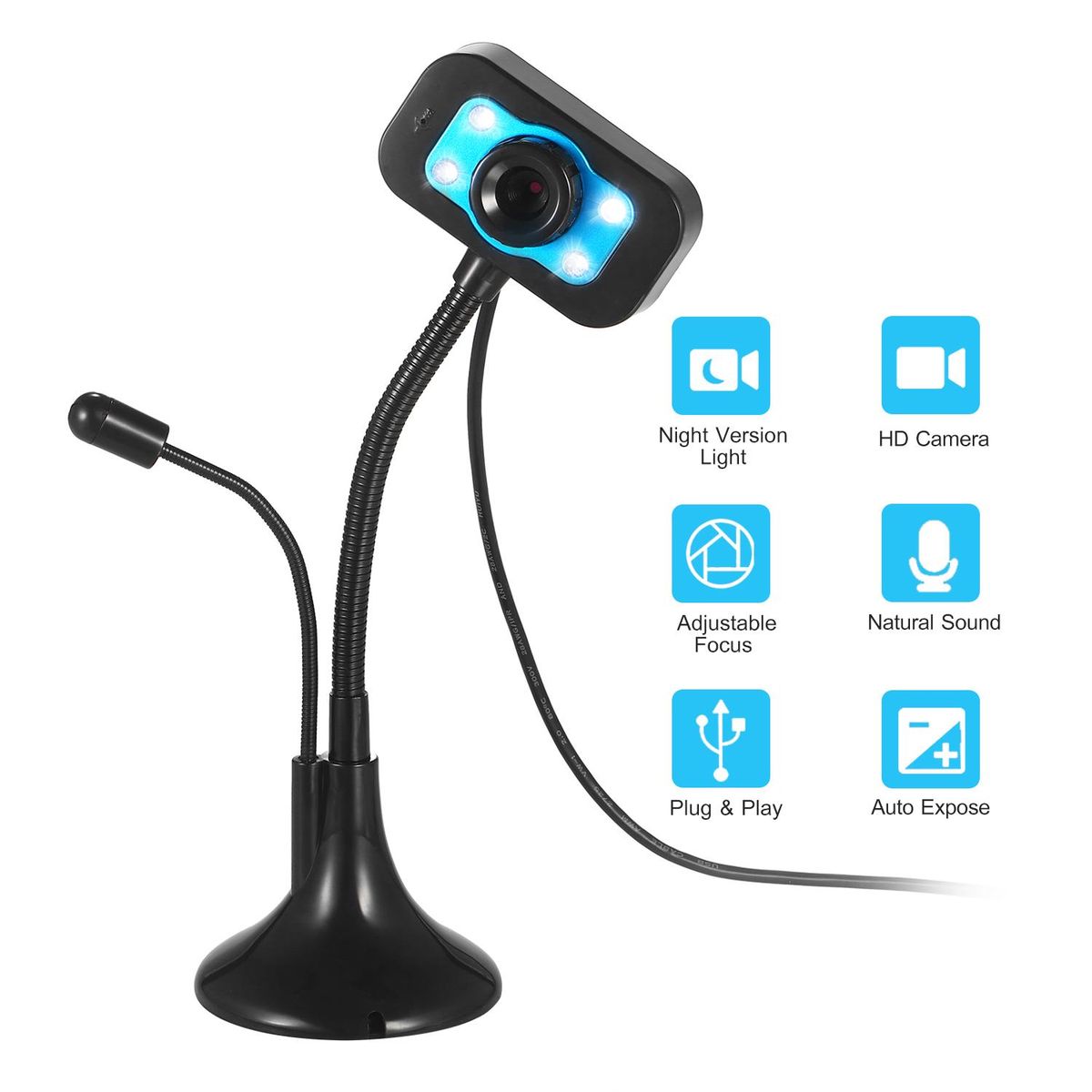 HD Webcam USB Desktop Laptop Camera Mini Plug and Play Video Calling Computer Camera with Mic Night Version LED Light Flexible Rotatable stander
