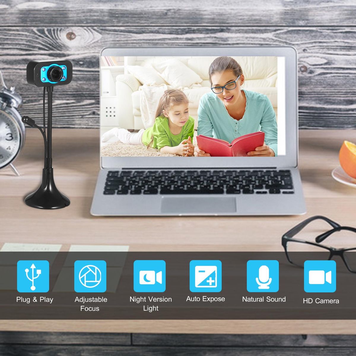 HD Webcam USB Desktop Laptop Camera Mini Plug and Play Video Calling Computer Camera with Mic Night Version LED Light Flexible Rotatable stander