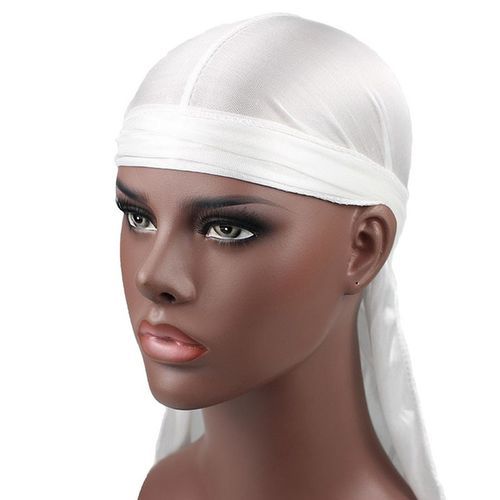 Satin Men Stretchy Cap Hip Hop Du Doo Rag Durag S Turban Bandana Headwear Solid Color Long Hat Tie Women Down Tail 14 Colors-White