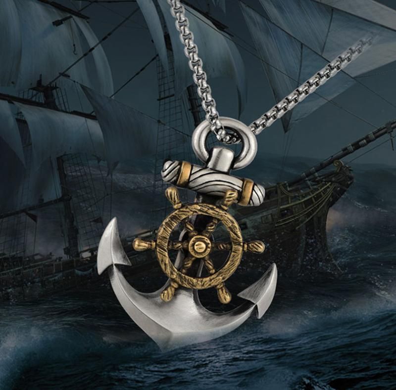 Hip Hop Punk Ship Captain Wheel Rudder With Anchor Nautical Charm Pendant Necklace For Men Fashion Jewelry Gold