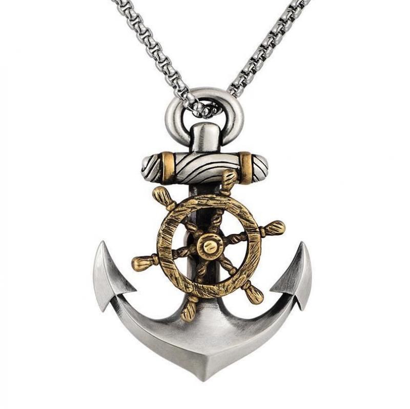 Hip Hop Punk Ship Captain Wheel Rudder With Anchor Nautical Charm Pendant Necklace For Men Fashion Jewelry Gold