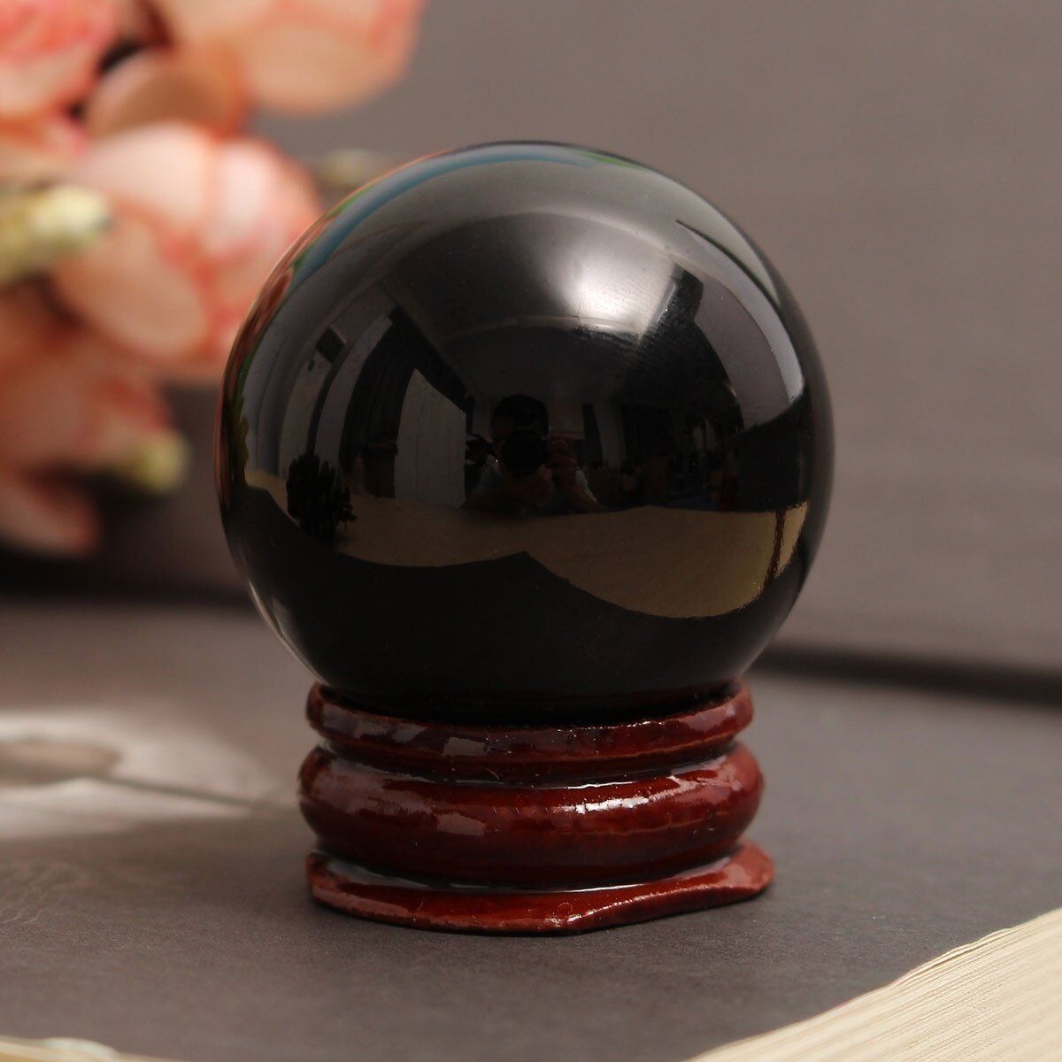40mm Black Obsidian Sphere Crystal Healing Ball With Stand Home/Office