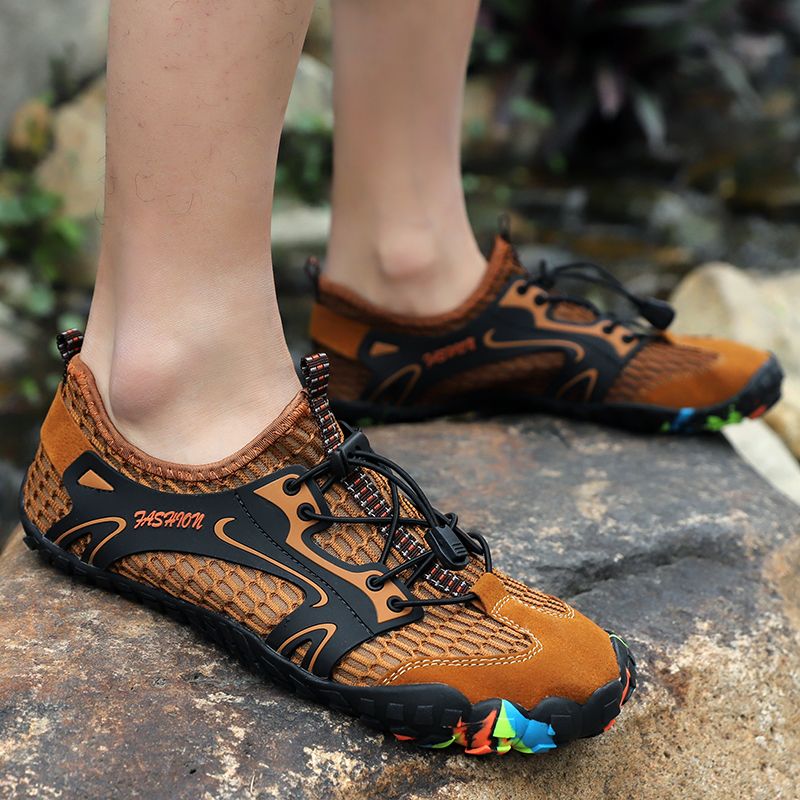 Summer Men's Hiking Shoes EUR Size 38-46 High Quality Breathable Mesh+Suede Outdoor Men Sneakers Climbing Shoes Men Sport Shoes Quick-dry Water Shoes Beach Wading Camping Shoes Brown