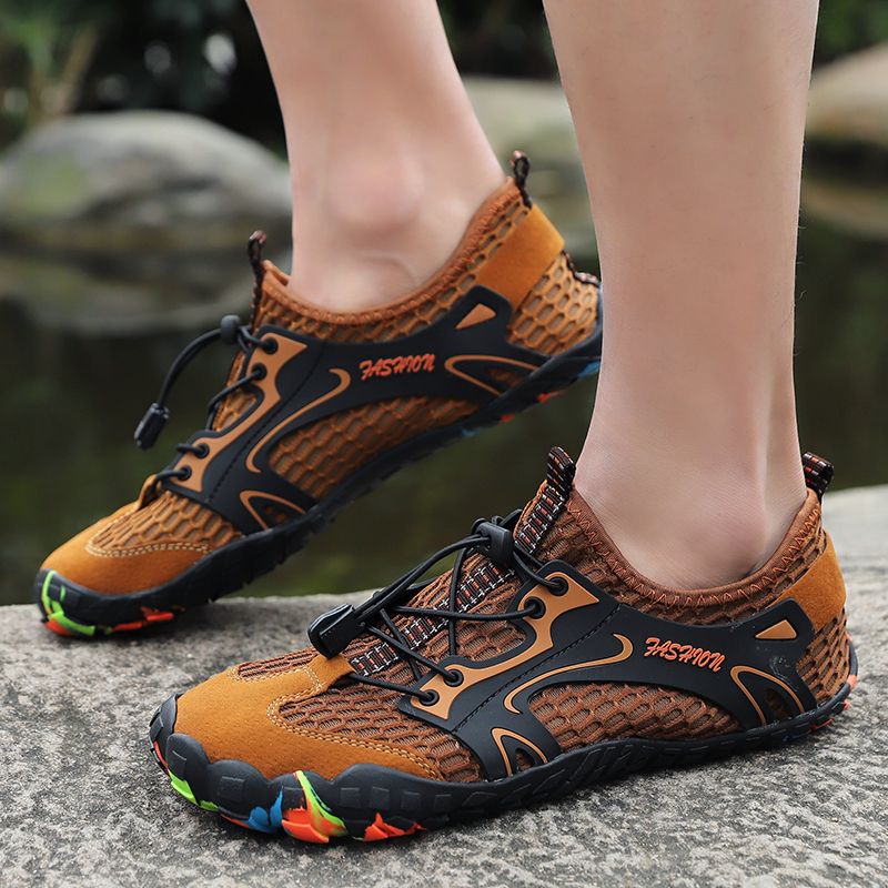 Summer Men's Hiking Shoes EUR Size 38-46 High Quality Breathable Mesh+Suede Outdoor Men Sneakers Climbing Shoes Men Sport Shoes Quick-dry Water Shoes Beach Wading Camping Shoes Brown