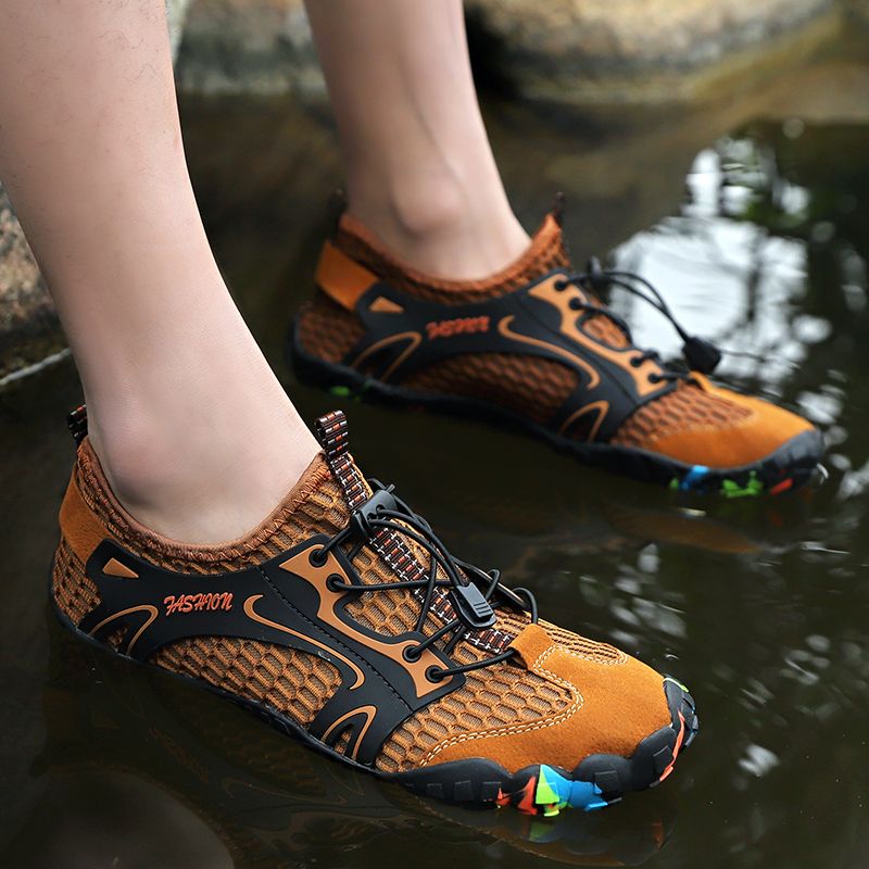 Summer Men's Hiking Shoes EUR Size 38-46 High Quality Breathable Mesh+Suede Outdoor Men Sneakers Climbing Shoes Men Sport Shoes Quick-dry Water Shoes Beach Wading Camping Shoes Brown