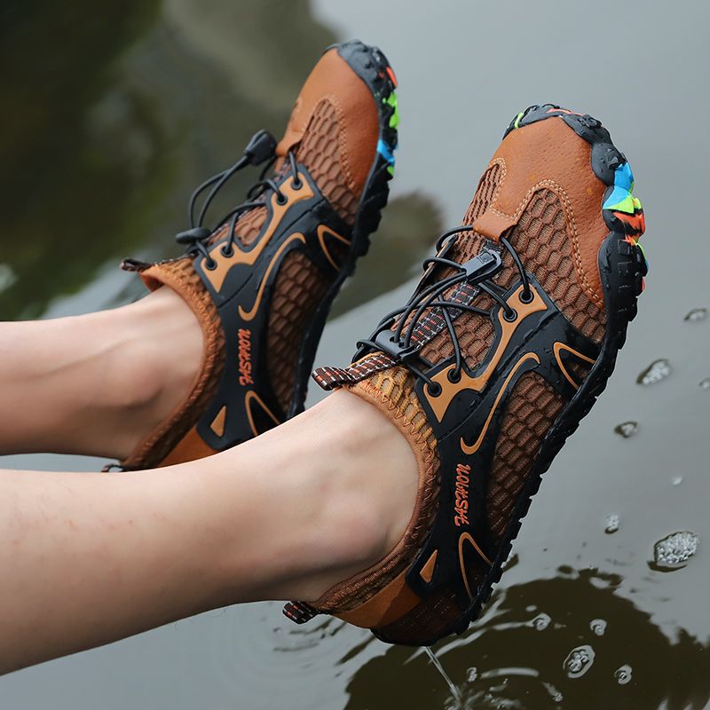 Summer Men's Hiking Shoes EUR Size 38-46 High Quality Breathable Mesh+Suede Outdoor Men Sneakers Climbing Shoes Men Sport Shoes Quick-dry Water Shoes Beach Wading Camping Shoes Brown
