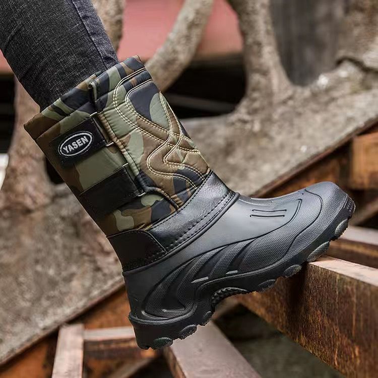 WEH Snow Men Boots Winter  Mens Army Boots Waterproof Warm Male Casual Mid-Calf Work Fishing Boot Protective Shoes-E1black