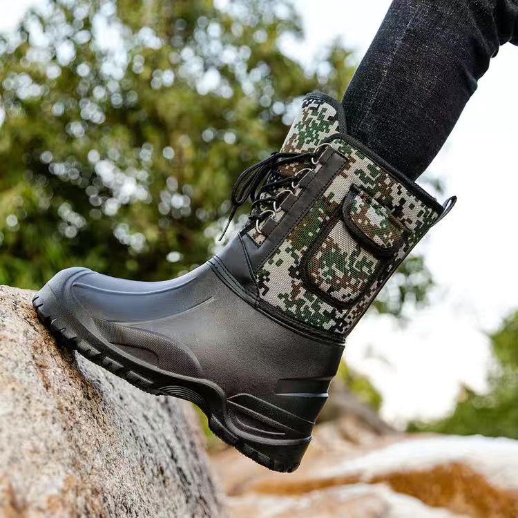 WEH Snow Men Boots Winter  Mens Army Boots Waterproof Warm Male Casual Mid-Calf Work Fishing Boot Protective Shoes-E1black