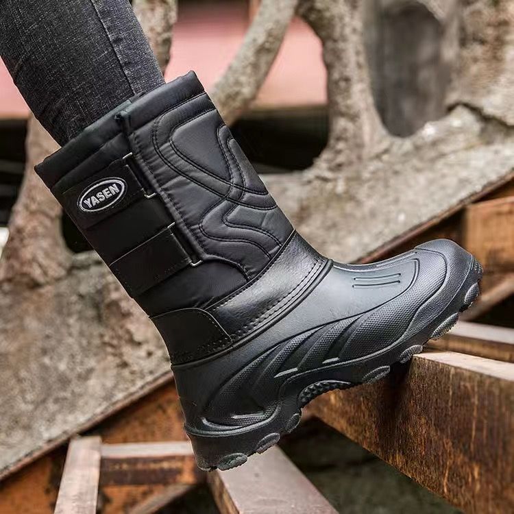 WEH Snow Men Boots Winter  Mens Army Boots Waterproof Warm Male Casual Mid-Calf Work Fishing Boot Protective Shoes-E1black