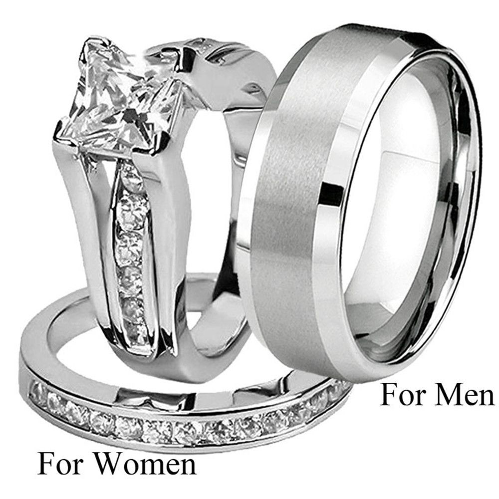 Silver Engagement Ring/Wedding Band Set For Couple