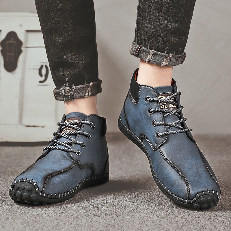Men's Casual Climbing Hiking Retro Trend Leather Shoes-Blue