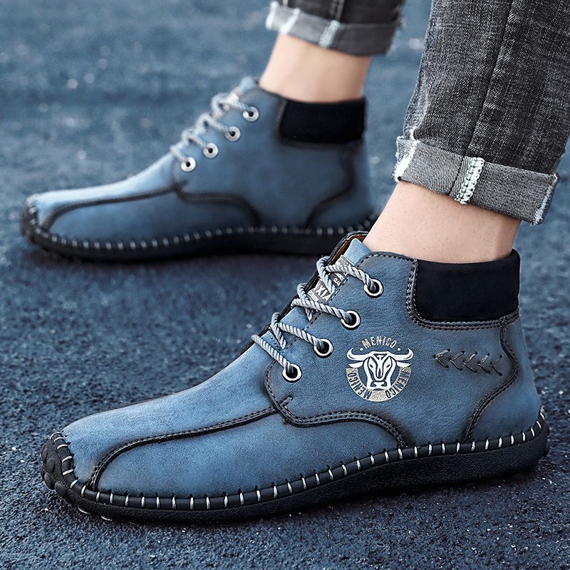 Men's Casual Climbing Hiking Retro Trend Leather Shoes-Blue