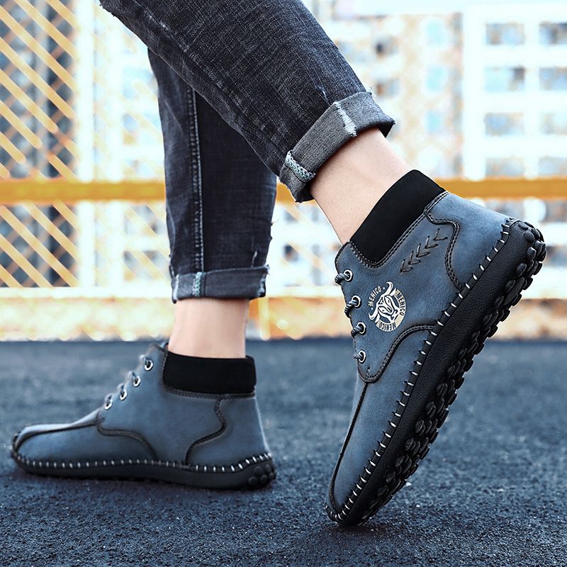 Men's Casual Climbing Hiking Retro Trend Leather Shoes-Blue