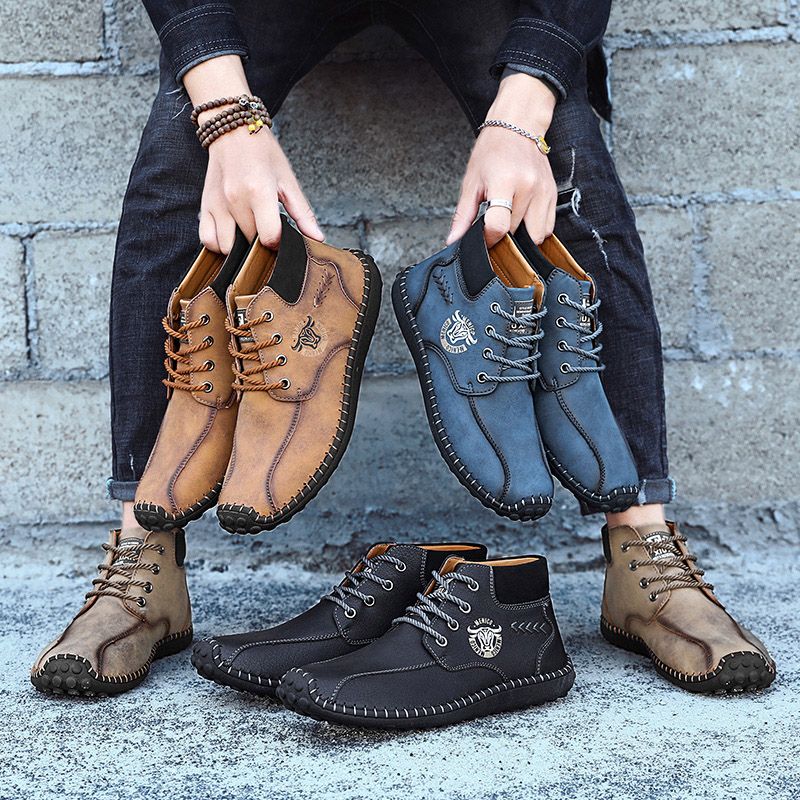 Men's Casual Climbing Hiking Retro Trend Leather Shoes-Blue