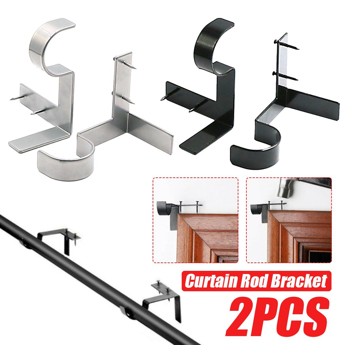 2PCS Hanging Curtain Rod Pole Holder Bracket Tap Window Frame No Drill Black 2pcs
