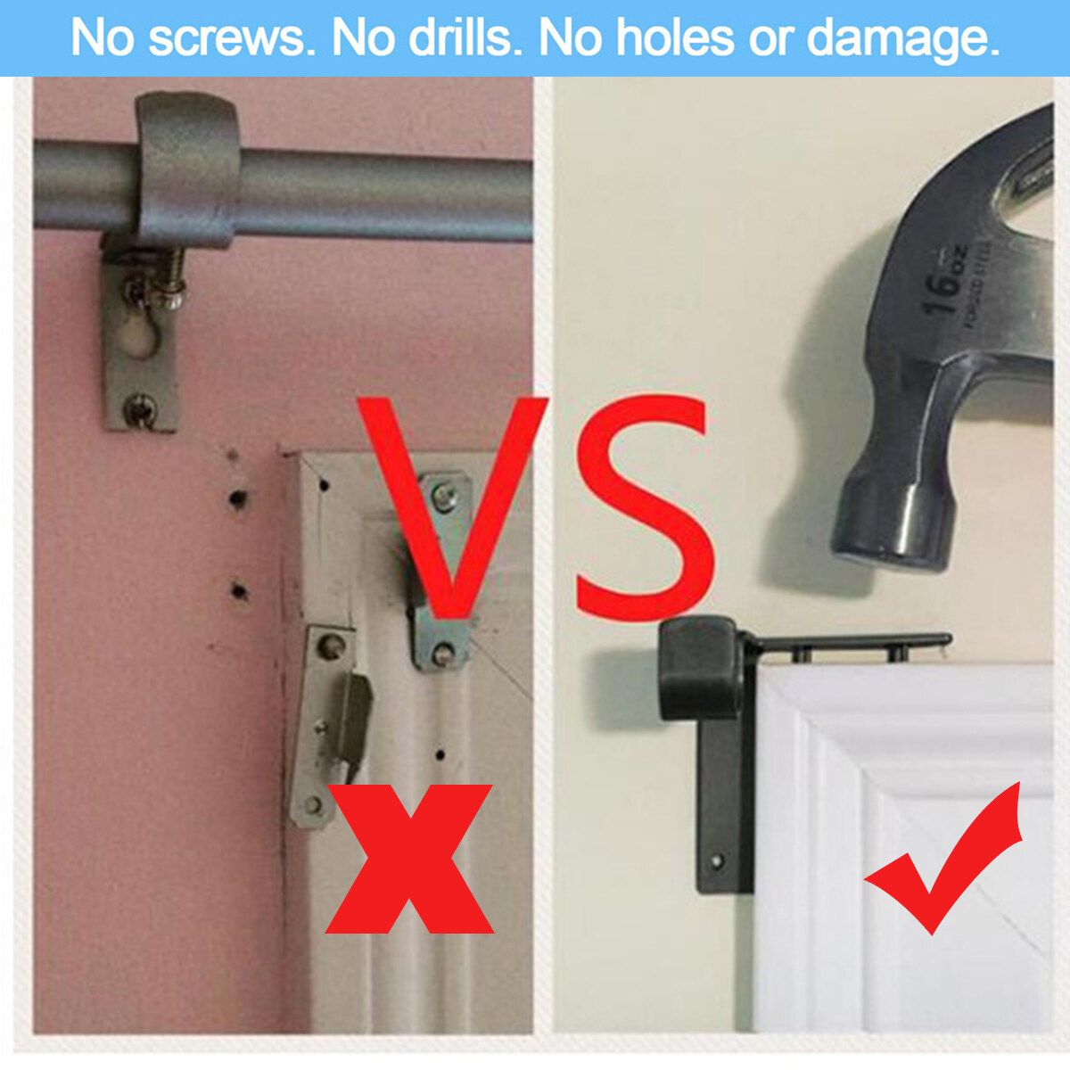 2PCS Hanging Curtain Rod Pole Holder Bracket Tap Window Frame No Drill Black 2pcs