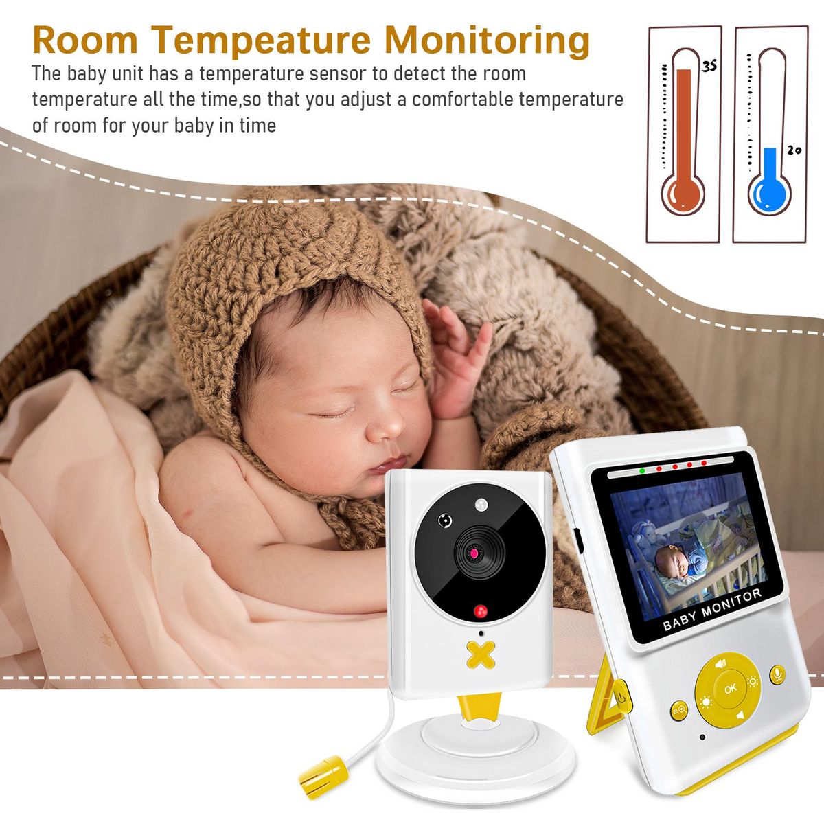 Wireless Baby Monitor Digital Camera Video Monitor for Kids with 2.4 Inch TFT Screen 30M Indoor Transmission Supports Two-Way Talk Room Temperature Detection IR Night Vision Alarm Clock Setting Built-in Lullabies