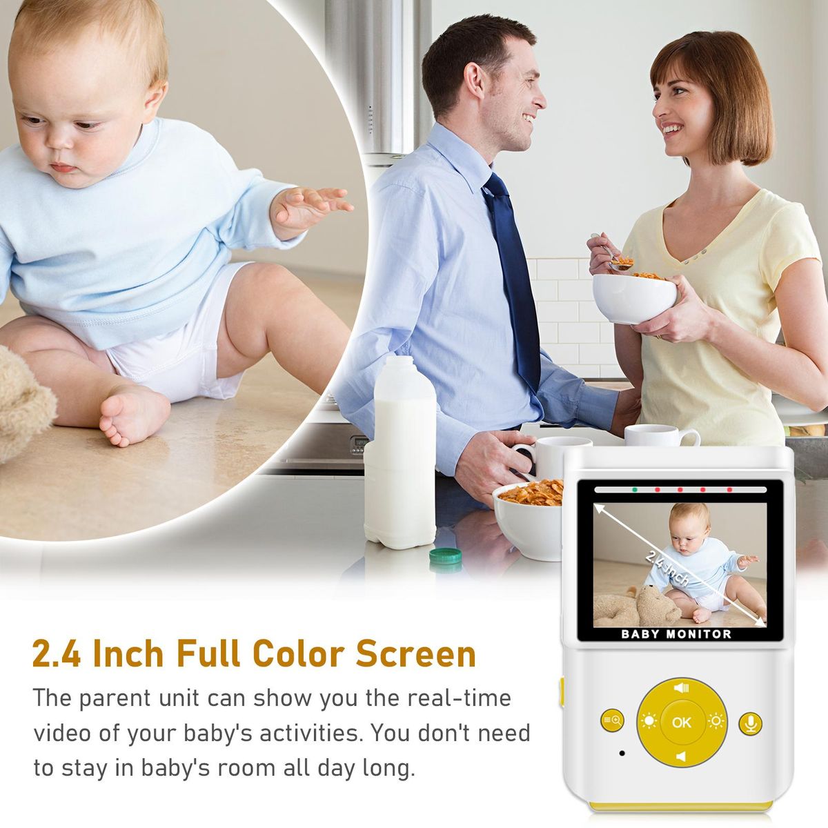 Wireless Baby Monitor Digital Camera Video Monitor for Kids with 2.4 Inch TFT Screen 30M Indoor Transmission Supports Two-Way Talk Room Temperature Detection IR Night Vision Alarm Clock Setting Built-in Lullabies