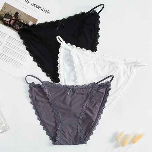 Women Sexy Ice Silk Lace Trim Strap Breathable Thin Panty Briefs-Navy Blue