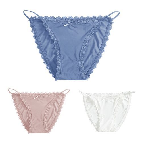 Women Sexy Ice Silk Lace Trim Strap Breathable Thin Panty Briefs-Navy Blue