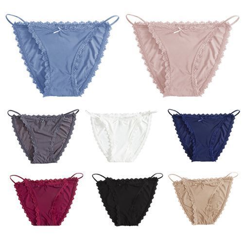 Women Sexy Ice Silk Lace Trim Strap Breathable Thin Panty Briefs-Navy Blue