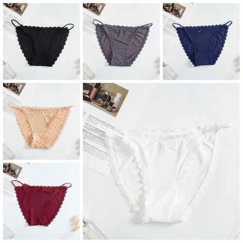 Women Sexy Ice Silk Lace Trim Strap Breathable Thin Panty Briefs-Navy Blue