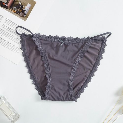 Women Sexy Ice Silk Lace Trim Strap Breathable Thin Panty Briefs-Navy Blue